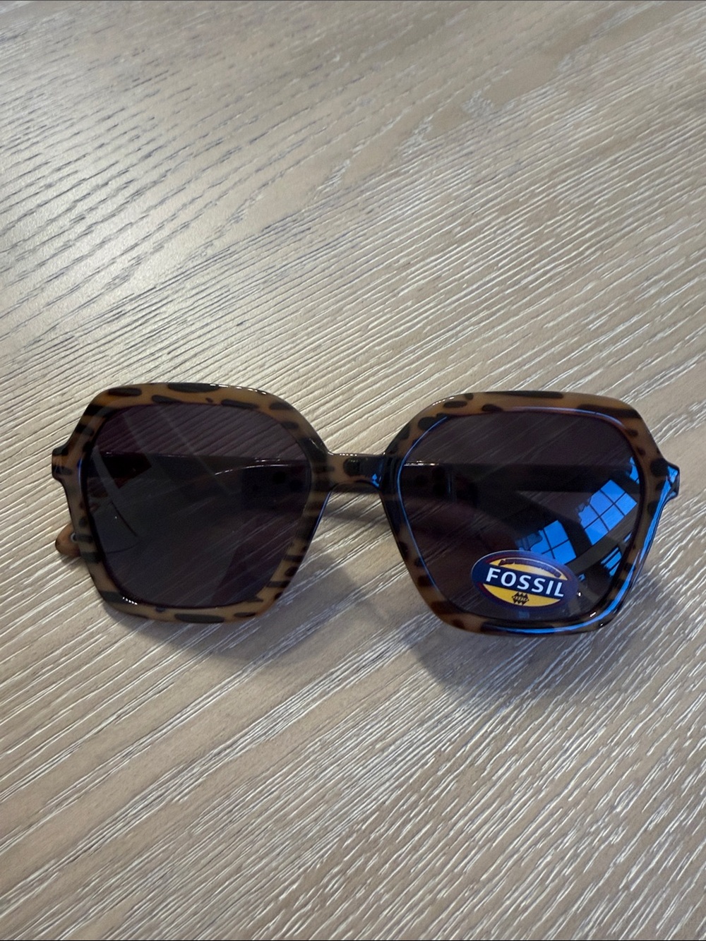 Fossil Tortoiseshell Hexagonal Sunglasses with Dark Lenses